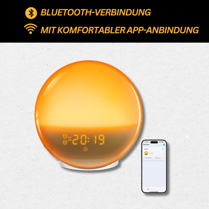 Digitaler GlowRise Wecker zeigt Uhrzeit an, kombiniert Licht- & Radiofunktion für individuelles Aufwachen.
