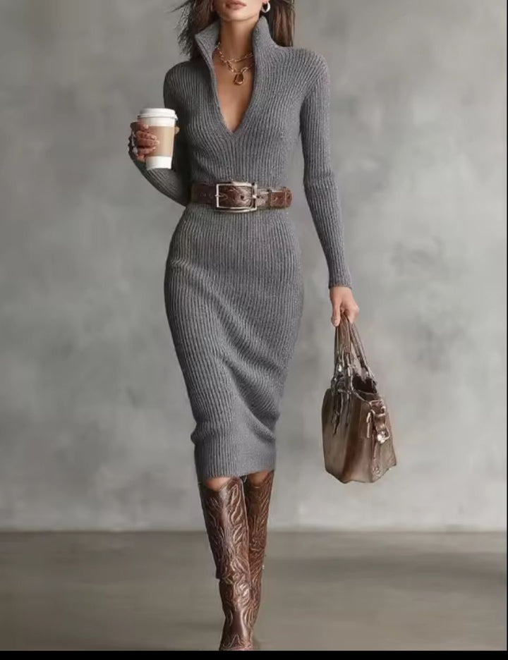 Elegantes, geripptes Damen Midi-Kleid mit Gürtel & Reißverschluss, figurbetont, perfekt für Business & Freizeit.