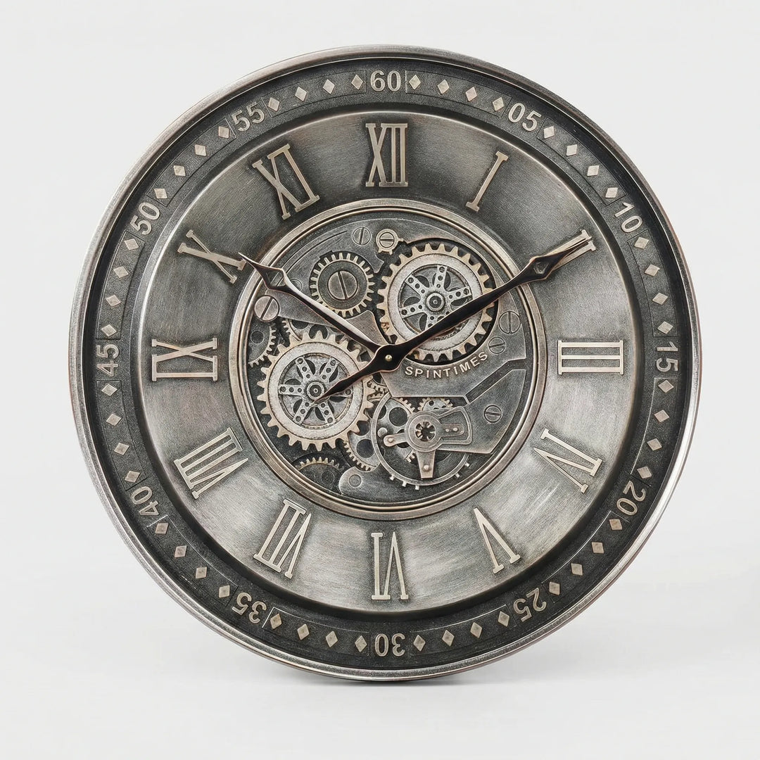 Dekorative, geräuschlose Wanduhr mit Zahnrad Design für modernes Wohnzimmer oder stilvolles Büro. Klassisch & rund.