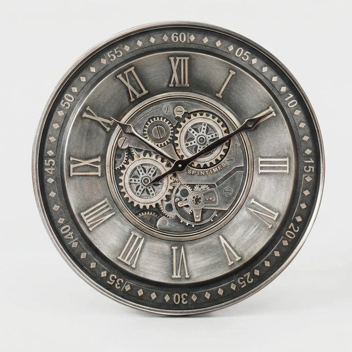 Dekorative, geräuschlose Wanduhr mit Zahnrad Design für modernes Wohnzimmer oder stilvolles Büro. Klassisch & rund.