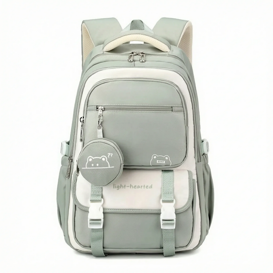 Rückansicht des Rucksacks: Ergonomische Rückansicht des schwarzen Schulrucksacks mit bequemen, verstellbaren Trägern.