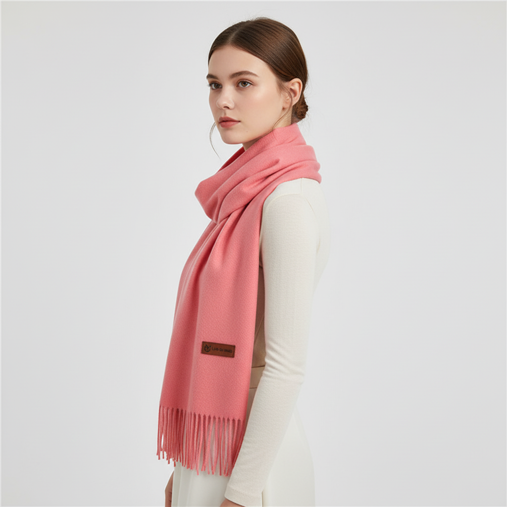 Frau trägt weichen, großformatigen Kaschmir Winterschal. Kuschelig warm & elegant im Winter.