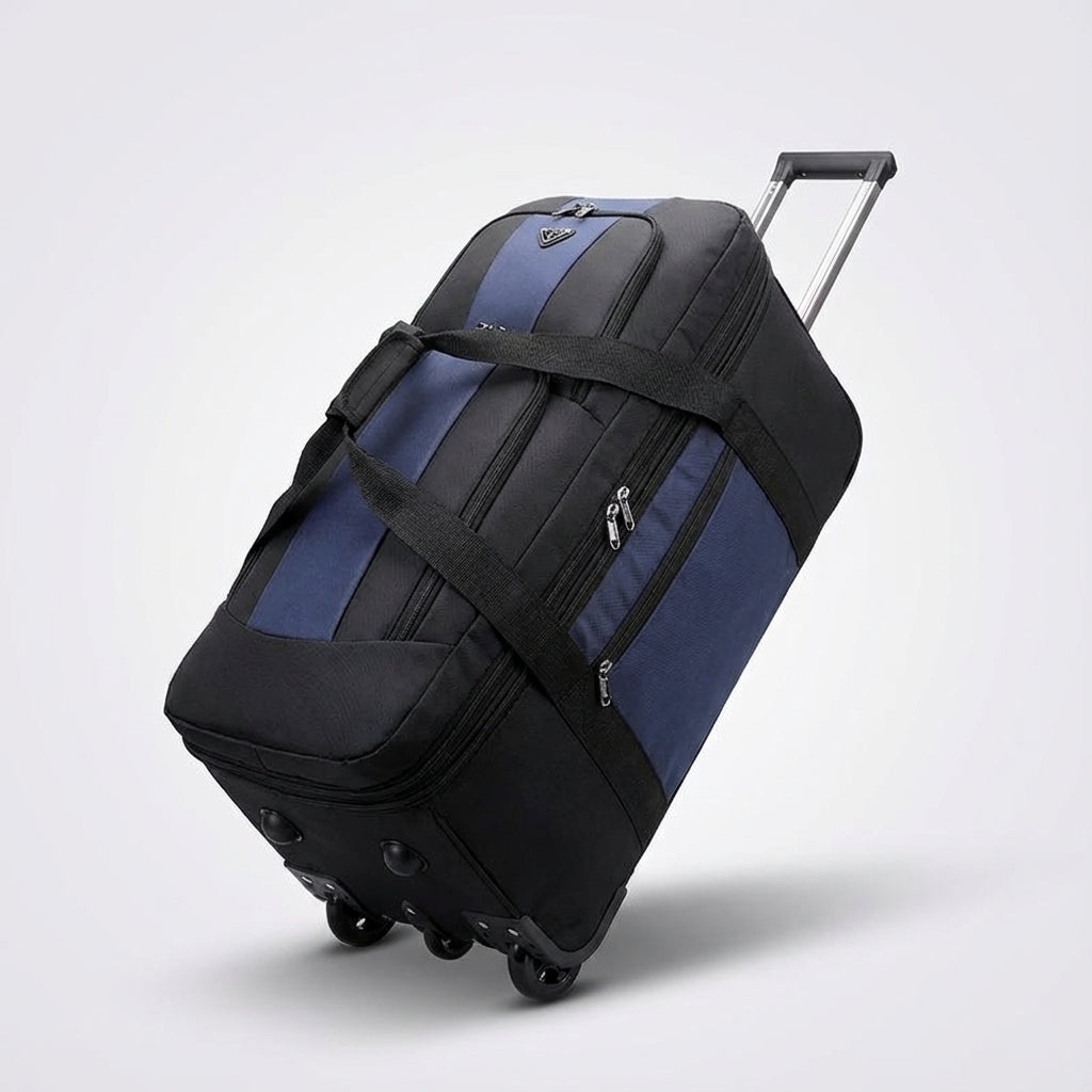 Detailaufnahme der robusten FoldRover Trolley-Reisetasche, gefertigt für Langlebigkeit und zuverlässiges Reisegepäck.