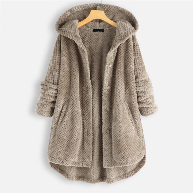 Detaillierte Ansicht der wendbaren Damen Fleecejacke mit Reißverschluss und praktischer Kapuze.