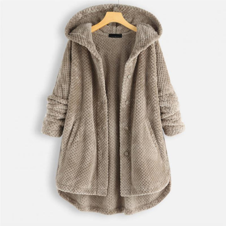 Detaillierte Ansicht der wendbaren Damen Fleecejacke mit Reißverschluss und praktischer Kapuze.
