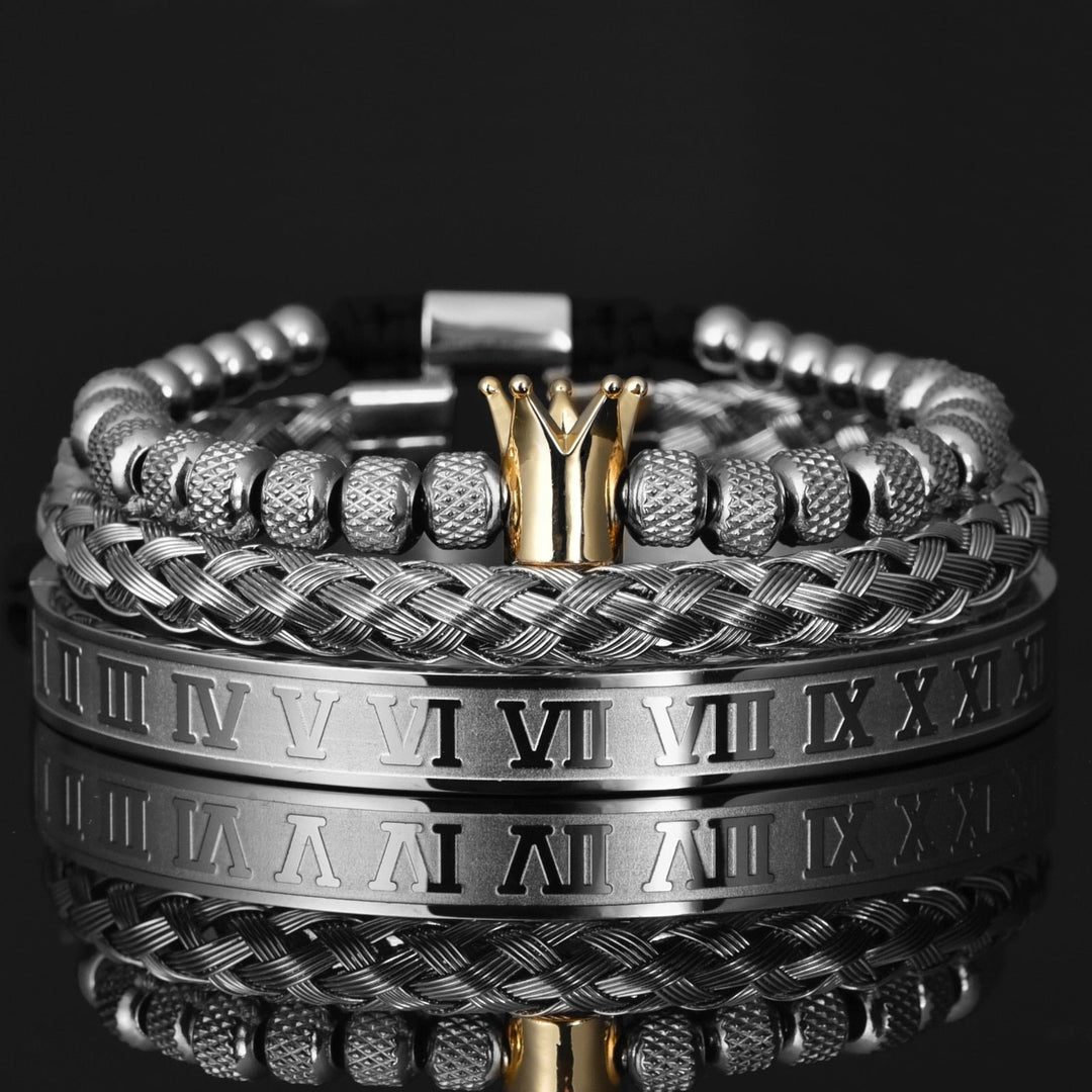 Stilvolles Herren Armbandset aus Edelstahl. Modisches Design mit Krone und römischen Ziffern. Perfektes Männer-Accessoire.