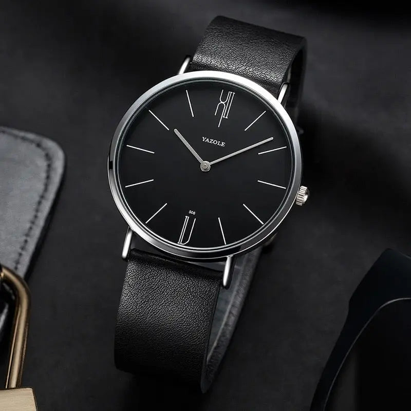 Zeitlose Herren Quarzuhr im Vintage-Stil, elegant mit Edelstahlgehäuse und schwarzem Lederarmband.