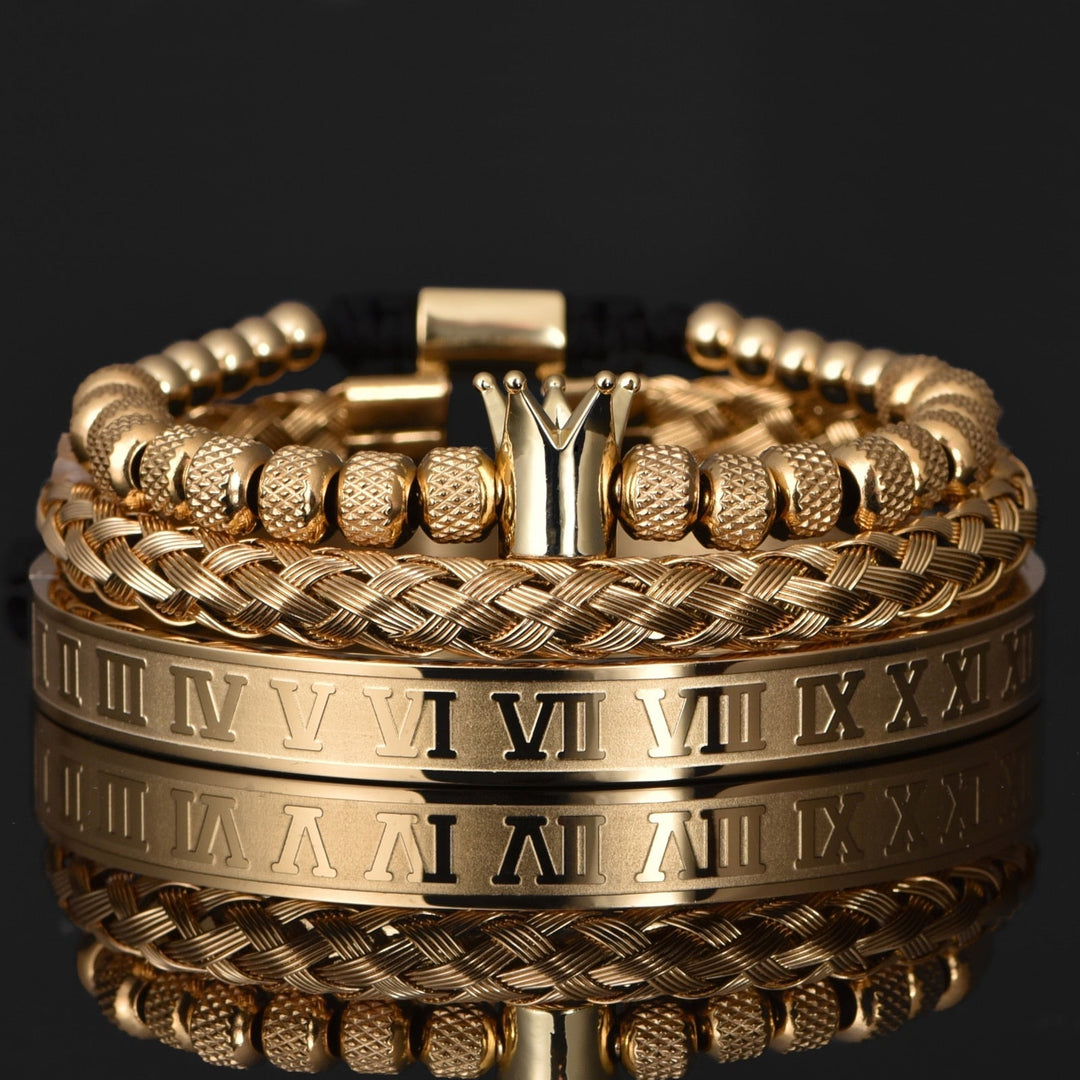 Herren Armbandset Julius mit königlicher Krone und römischen Ziffern. Luxuriöser Edelstahl-Schmuck für Männer.