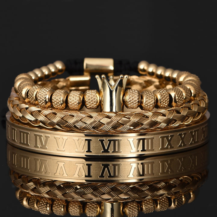 Herren Armbandset Julius mit königlicher Krone und römischen Ziffern. Luxuriöser Edelstahl-Schmuck für Männer.