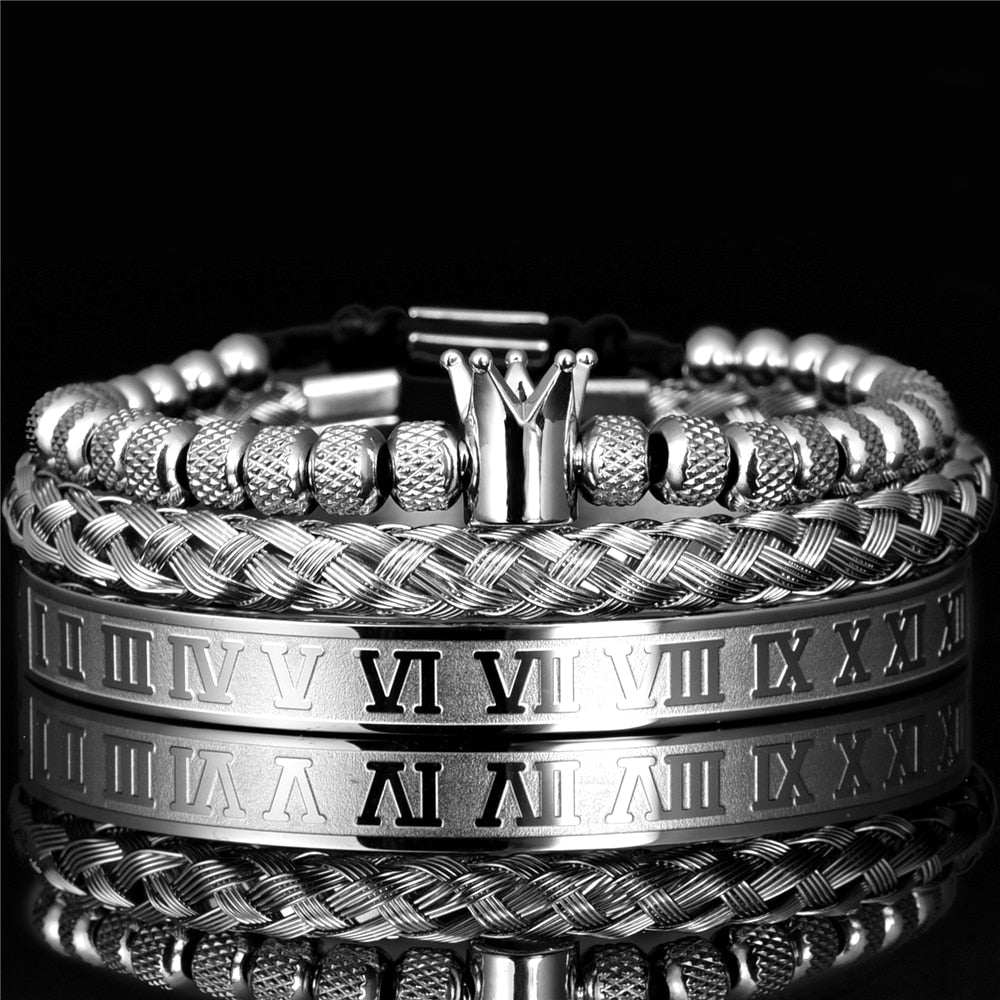 Herren Armbandset mit detailreichen römischen Ziffern. Modisches Armzubehör aus Edelstahl. Stilvoll und verstellbar.