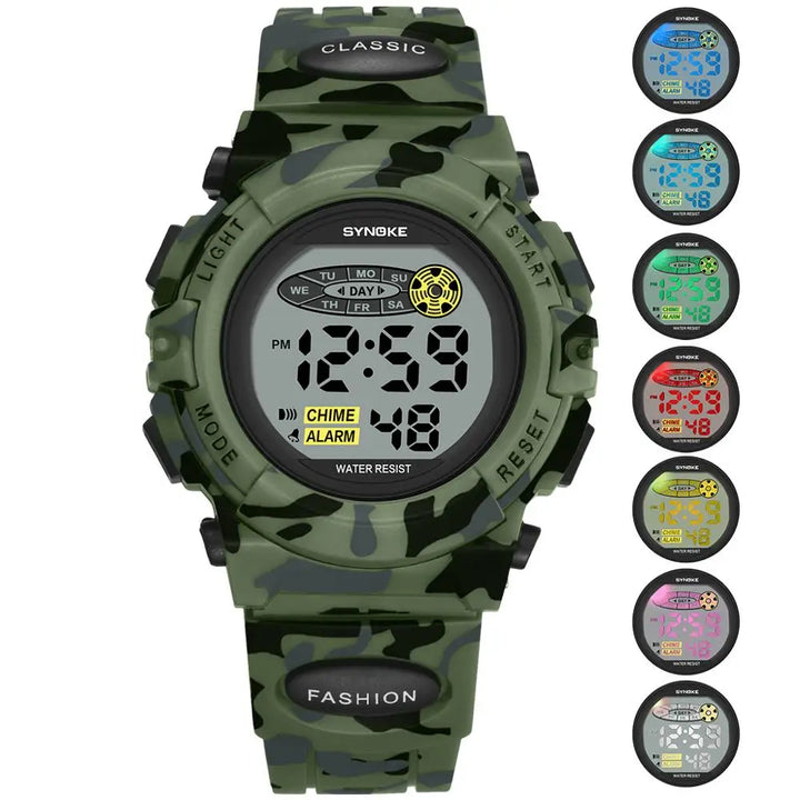 Moderne digitale Kinderarmbanduhr mit hellem LED-Display und weichem, farbigem Silikonarmband.