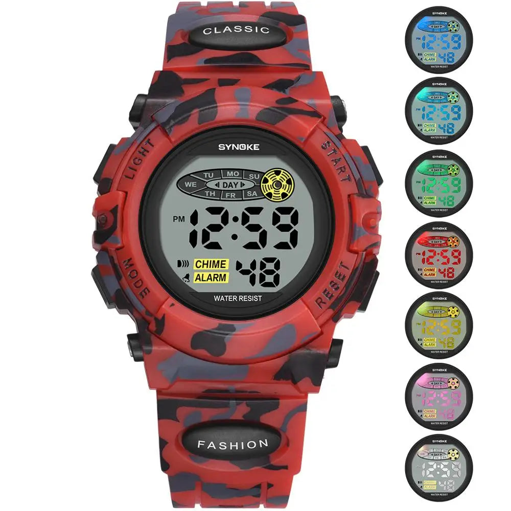 Robuste, wasserdichte digitale Kinderuhr mit stoßfestem Gehäuse und leuchtendem LED-Display.