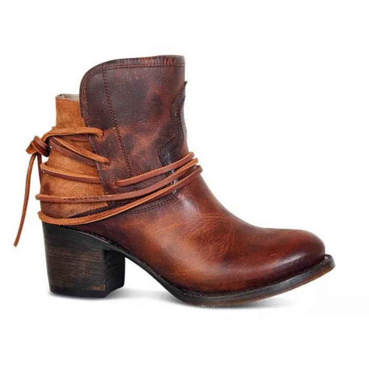 Damen Modestiefel: Vintage-Western Ankle Boots mit klobigem Absatz. Komfortable Herbststiefel für den Alltag.
