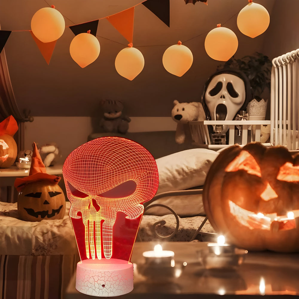 Dekorative LED Schädel Tischleuchte, 3D Illusionslampe für Themen- & Gaming Zimmer. Perfekte Halloween Akzentbeleuchtung.