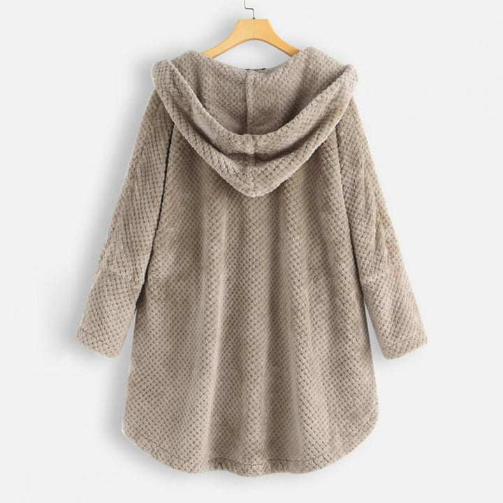 Rückseite der wendbaren Damen Fleecejacke mit Kapuze, zeigt die Vielseitigkeit der Ganzjahresjacke.