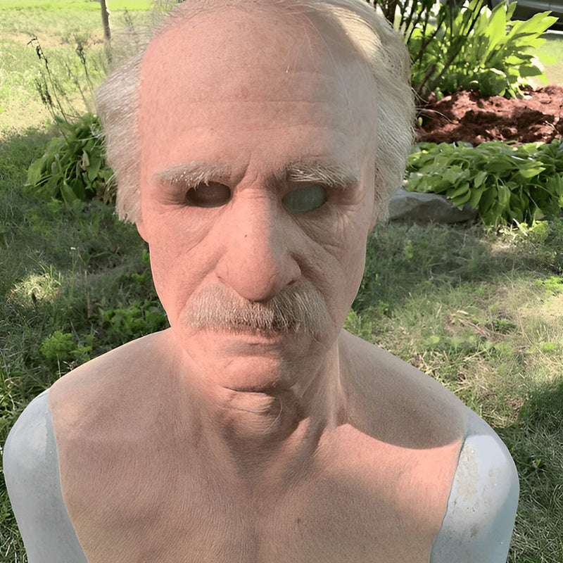 Gruselmaske für Erwachsene: Realistische alte Person aus Latex, mit beweglichem Mund.
