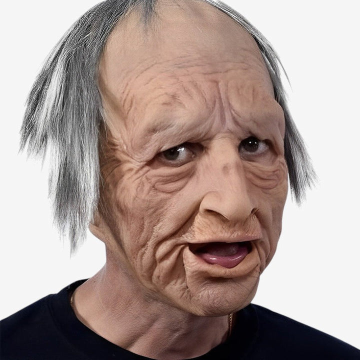 Latex-Charaktermaske: Realistische Darstellung eines alten Erwachsenen, beweglicher Mund.