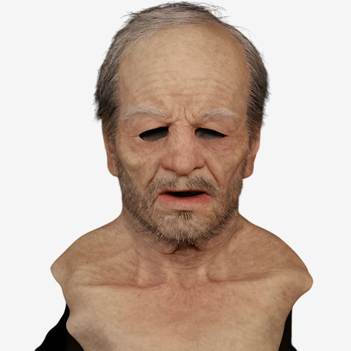 Realistische Latex-Maske eines alten Erwachsenen, detailliert, mit beweglichem Mund.