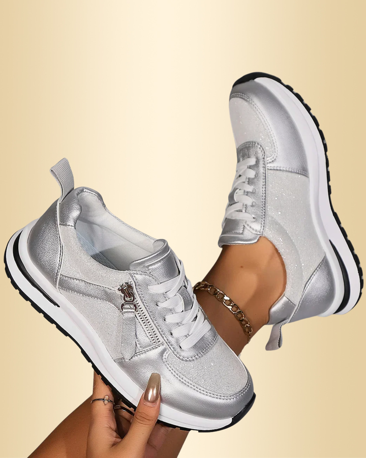 Bequeme Damen-Sneaker in Grau mit Reißverschluss & Schnürung, ideal für Alltag und Freizeit.