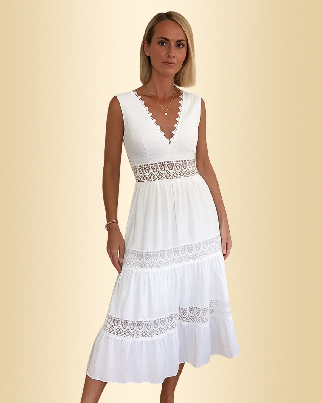Elegantes Damen Sommerkleid mit V-Ausschnitt, Stufenrock und Spitze, ideal für Freizeit & Party. Bequem & luftig.