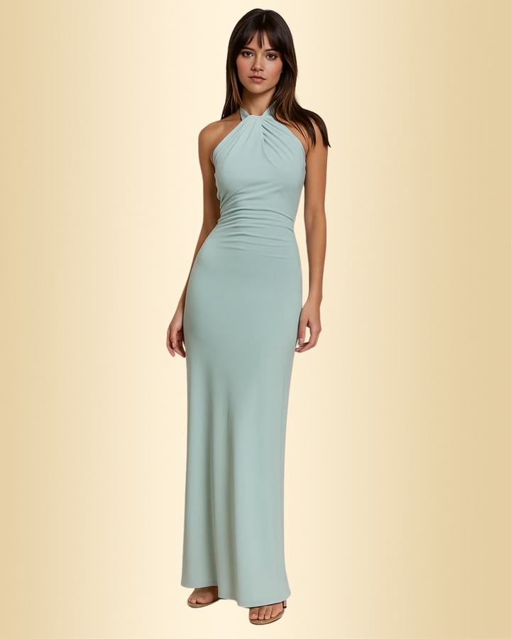Elegantes, langes Damen Maxikleid mit Neckholder, fließendem Rock & figurbetontem Schnitt für Anlässe.