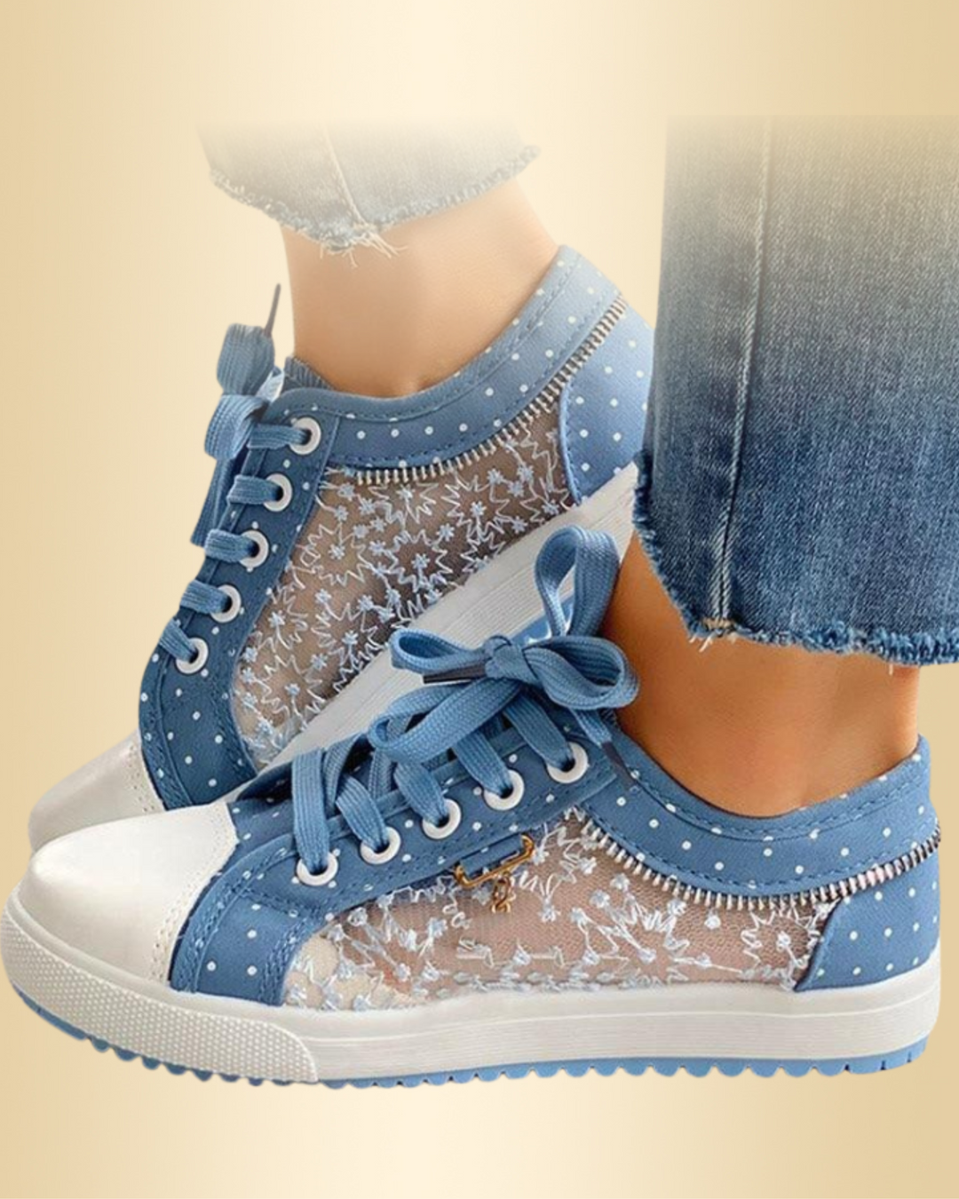 Damen Sneakers gepunktet, atmungsaktiv & rutschfest. Bequeme Freizeitschuhe für Alltag und Sommer, leichte Schnürschuhe.