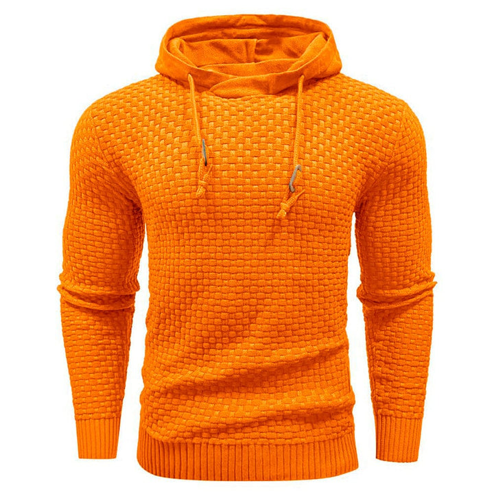 Blauer robuster Kapuzenpullover, Detail Kordelzug. Komfortables Oberteil für Herren.