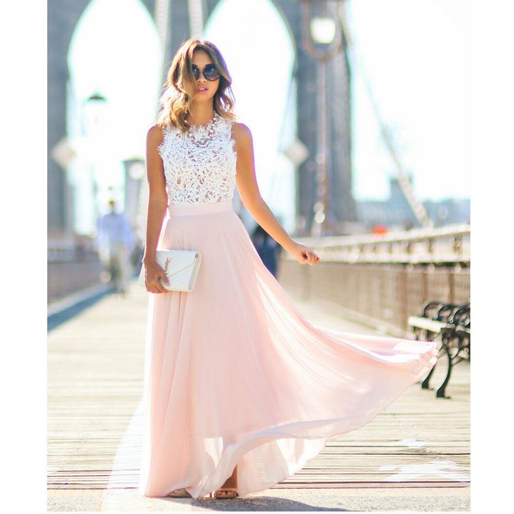 Langes, elegantes A-Linien Damenkleid in Rosa mit feiner Spitze, optimal für Hochzeiten und besondere Anlässe.