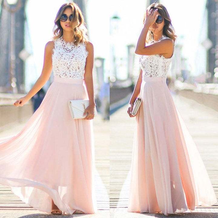 Festliches rosa Damen Sommer Maxikleid mit Spitze in eleganter A-Linie, ideal als Party- oder Abendkleid.