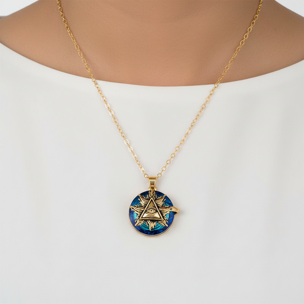Exklusive Damen Halskette mit Böser Blick Amulett, Schutzschmuck in moderner Gold-Optik.
