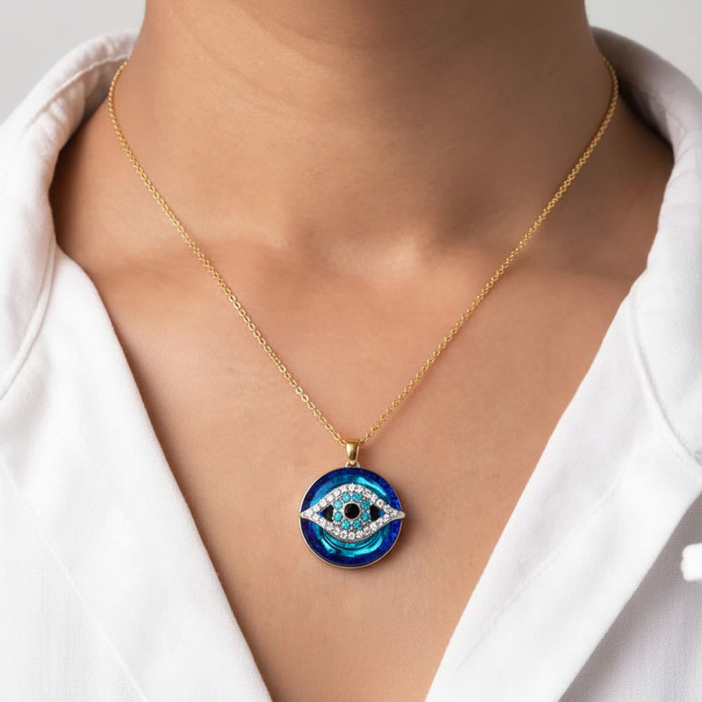 Detailaufnahme der Damen Halskette mit blauem Böser Blick Amulett, symbolischer Schutzschmuck.