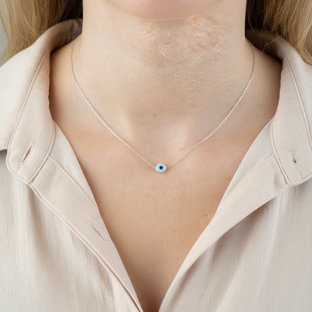 Moderne Damenhalskette mit Nazar-Anhänger als Schutzamulett; ein stilvoller Talisman und Glücksbringer.