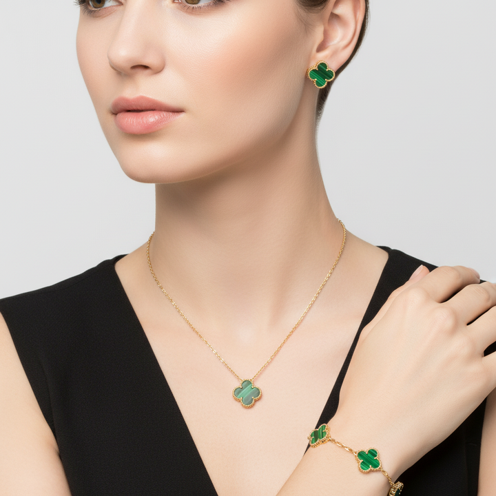 Schickes Damen Kleeblatt Schmuckset: Edelstahl Halskette und Ohrringe mit zeitlosem Design als Glücksbringer.