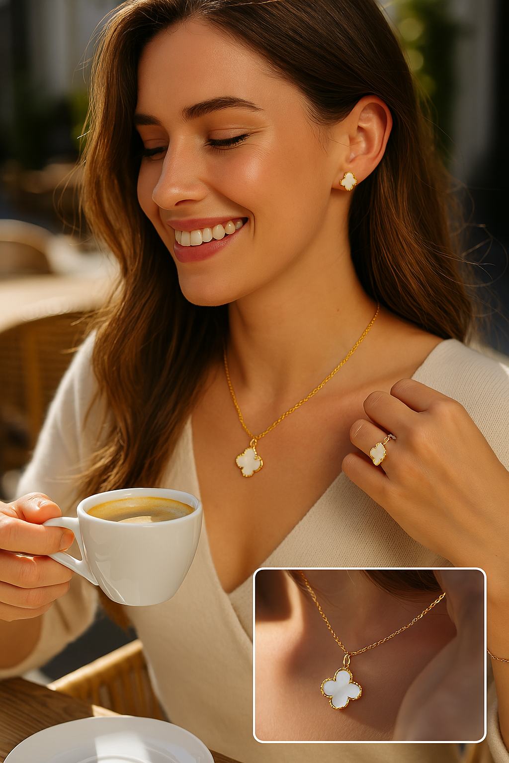 Funkelnde Kleeblatt Ohrringe aus Edelstahl, passend zur Halskette, elegantes Schmuckstück für stilvolle Damen.