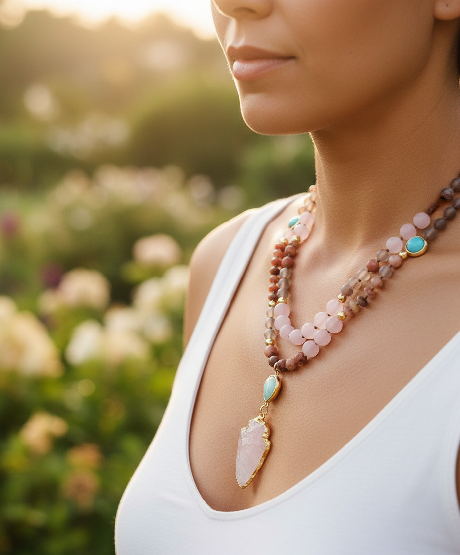 Handgefertigte Edelsteinkette für Damen. Dieses spirituelle Schmuckstück ist ein Schutzamulett für Harmonie und positive Energie.