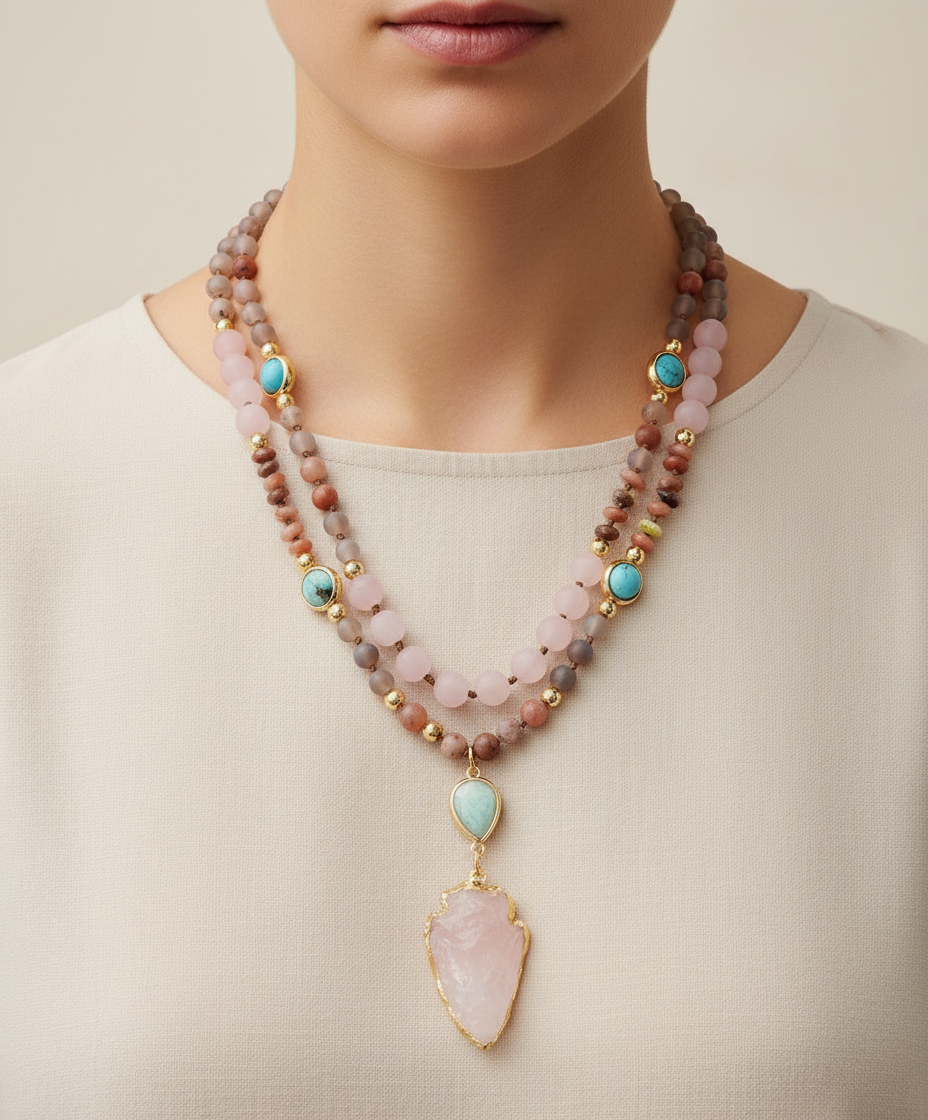 Edelsteinkette als wirkungsvolles Schutzamulett. Handgefertigter Damenschmuck mit Naturkraft für spirituelles Wohlbefinden.