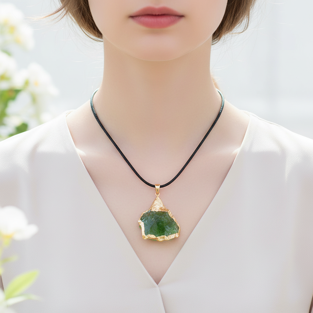 Damen Moldavit Halskette, handgefertigt, einzigartiger Naturstein-Schmuck.