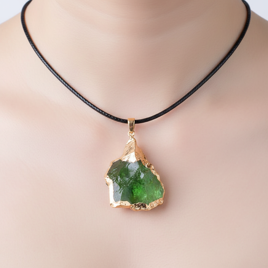 Elegante handgefertigte Damen Halskette mit echtem grünem Moldavit Edelstein.