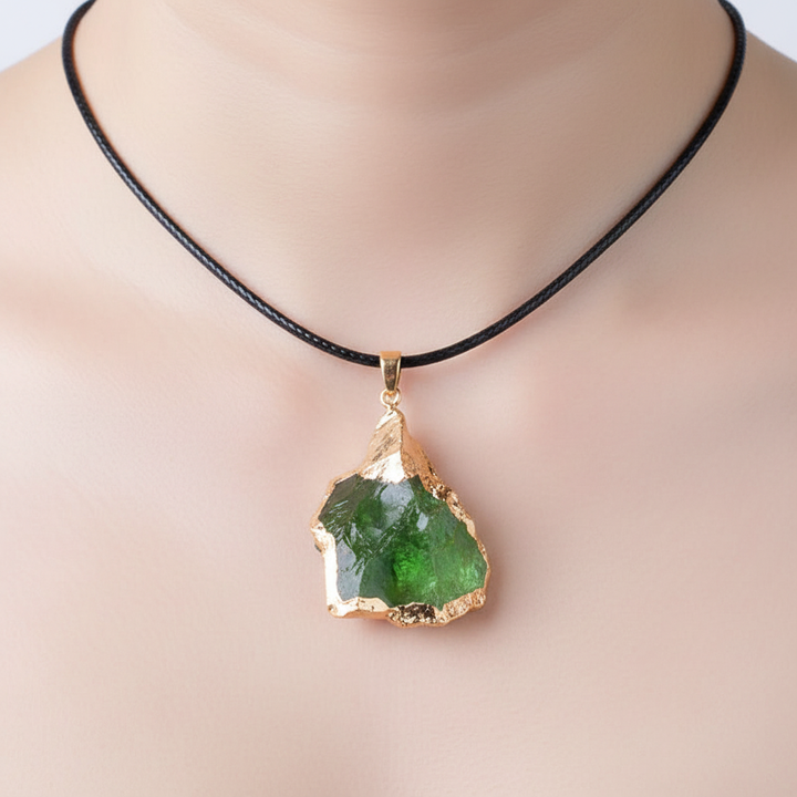 Elegante handgefertigte Damen Halskette mit echtem grünem Moldavit Edelstein.