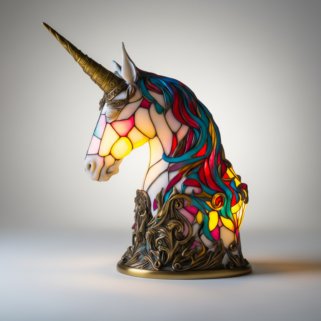 Handgefertigte "GleamPaw" Mosaiklampe mit detailliertem Tierkopf-Design, ausgeschaltet zeigt sie ihre Schönheit.