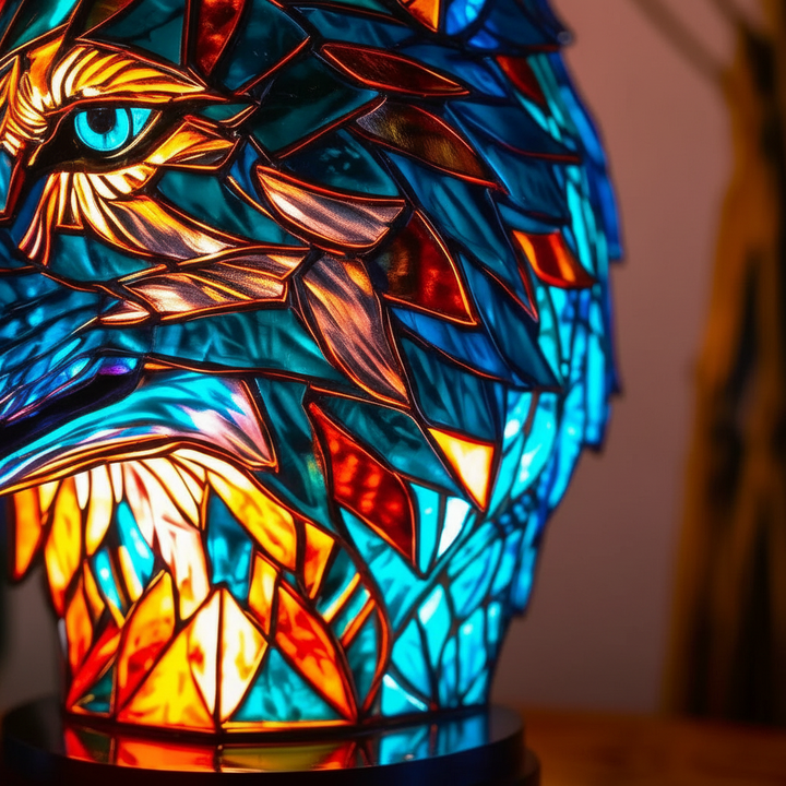 Die "GleamPaw" Tierkopf Mosaiklampe als stilvolles Wohnaccessoire auf einem Beistelltisch, Licht an.