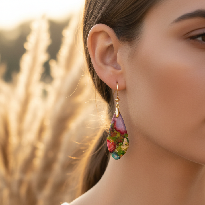 Handgefertigte Damen Jaspis Ohrringe im Boho-Stil, einzigartiger Naturstein-Schmuck für Frauen.