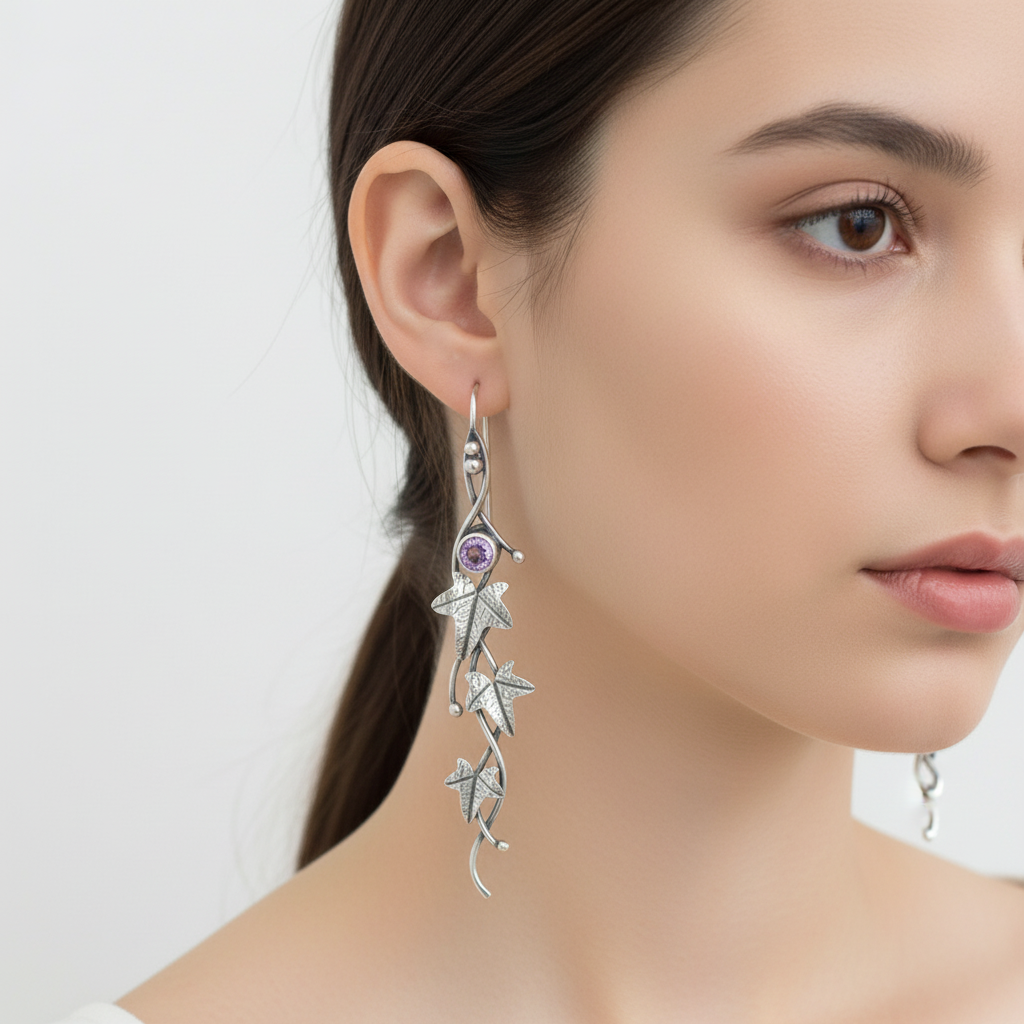 Zarte Damen Hängeohrringe in glänzendem Silber, filigranes Blatt-Design. Elegantes Accessoire.