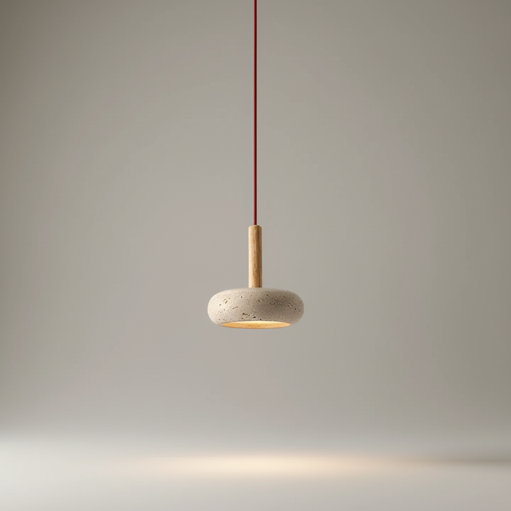 Elegante Stein-Pendelleuchte "TranquilRing" mit Holzdetails, schafft warmes Ambiente und moderne Innendekoration.