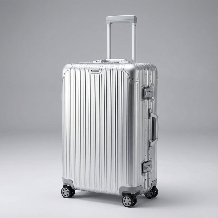 Eleganter rosa Aluminium Handgepäck Koffer mit 360°-Rollen, integriertem Schloss; ideal für stilvolles Reisen.