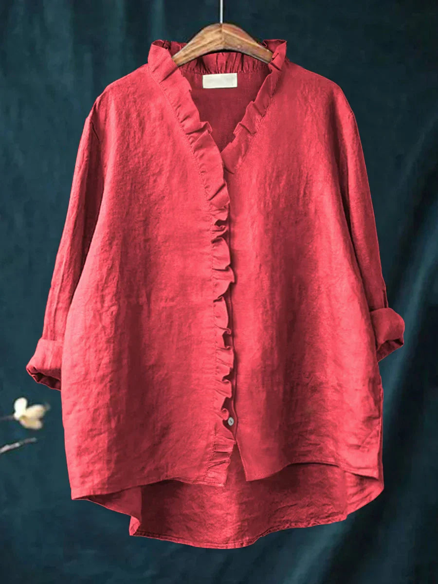 Bequemes Damen Rüschenshirt, langarm, vielseitig zum Layering in Frühling & Herbst. Alltagsmode.