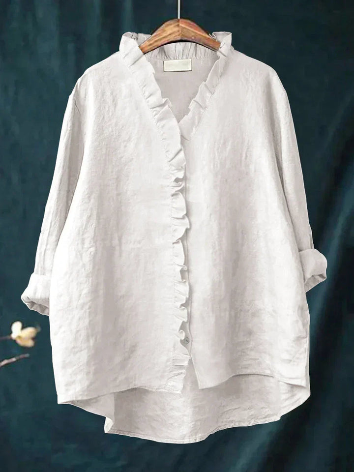 Damen Langarm-Rüschenshirt mit Knopfleiste. Modisches Top für Übergang. Elegant & bequem.