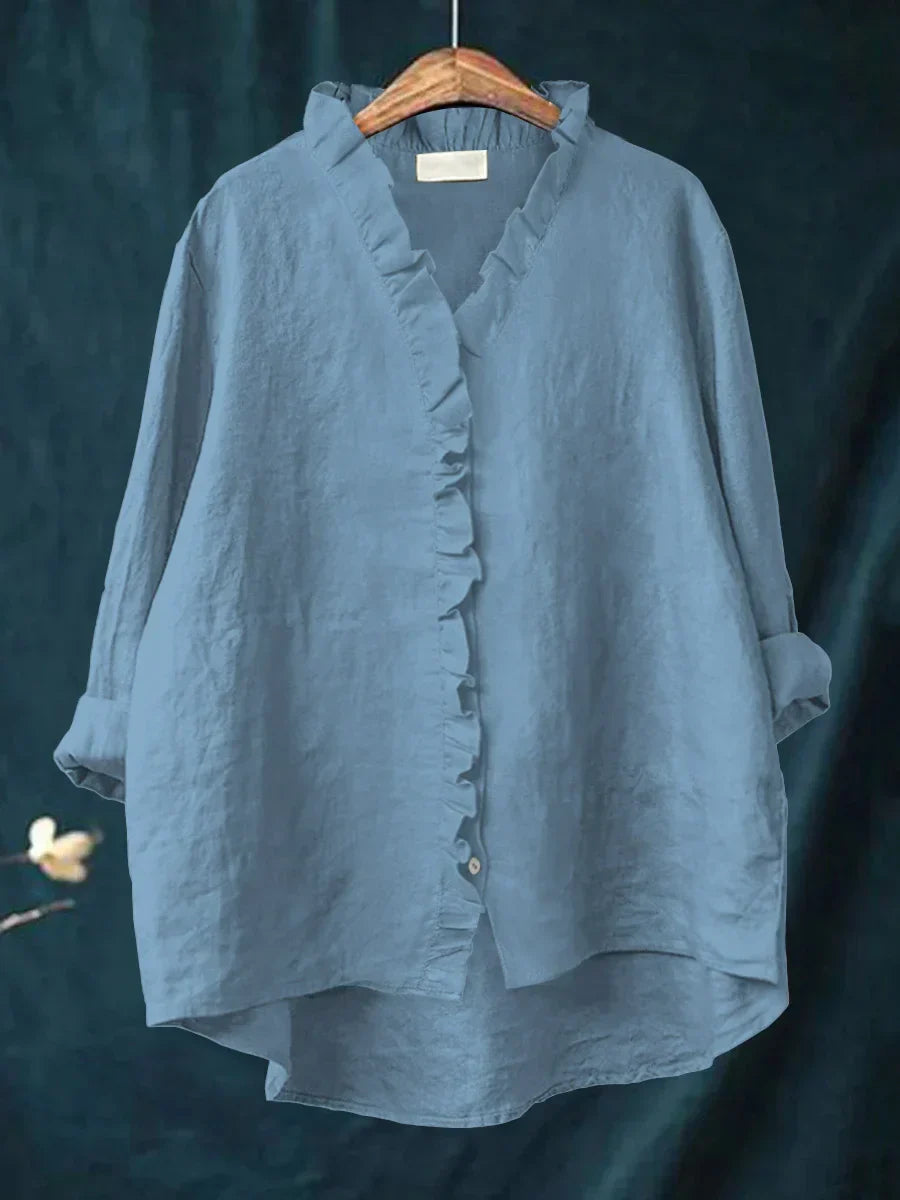Damen Rüschenshirt, elegante Langarmbluse mit Knopfleiste. Für Freizeit & Business, bequem & modisch.