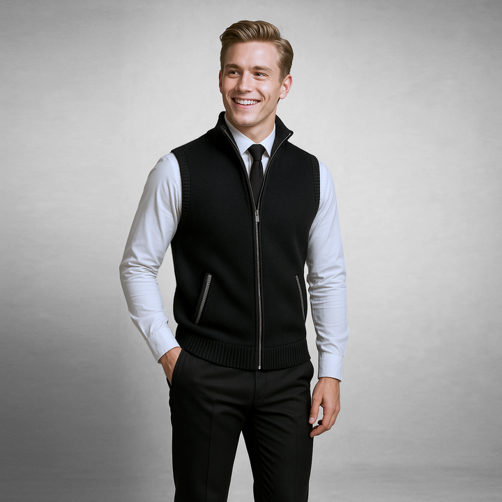Elegante Herren Strickweste mit Stehkragen & Reißverschluss. Perfekt für den Layering Look.