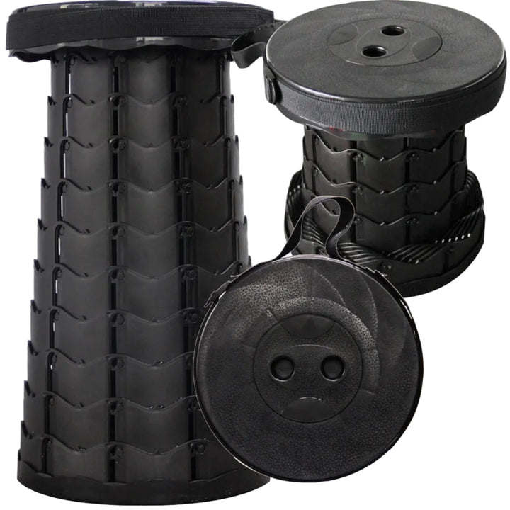 Faltbarer Teleskophocker, belastbar bis 160 kg, ideal für Gartenarbeit, Reisen & mehr; kompakter, stabiler Sitz.
